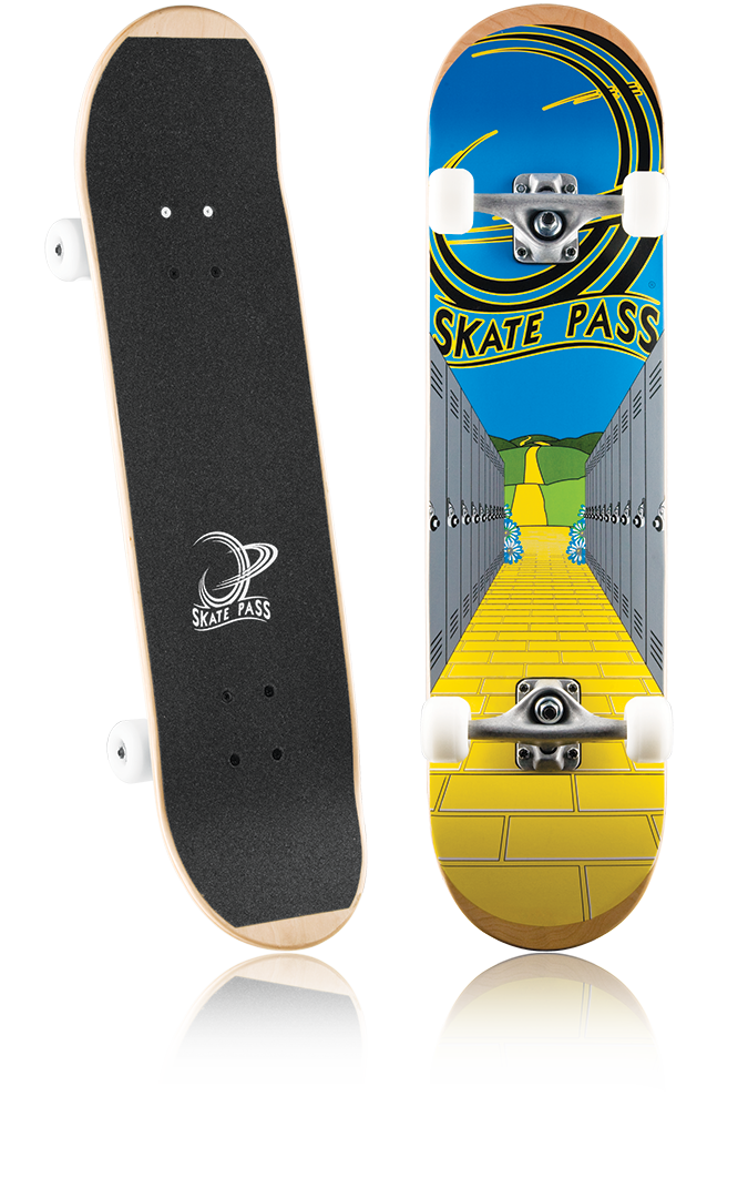 Skate Pass custom deck — top and bottom graphics