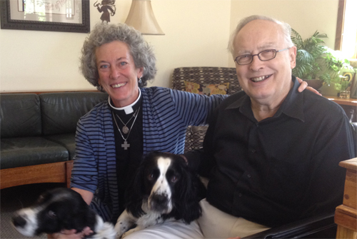 Bill Lemieux with Reverend Suzan Springer and her dogs at St. John's Episcopal Church